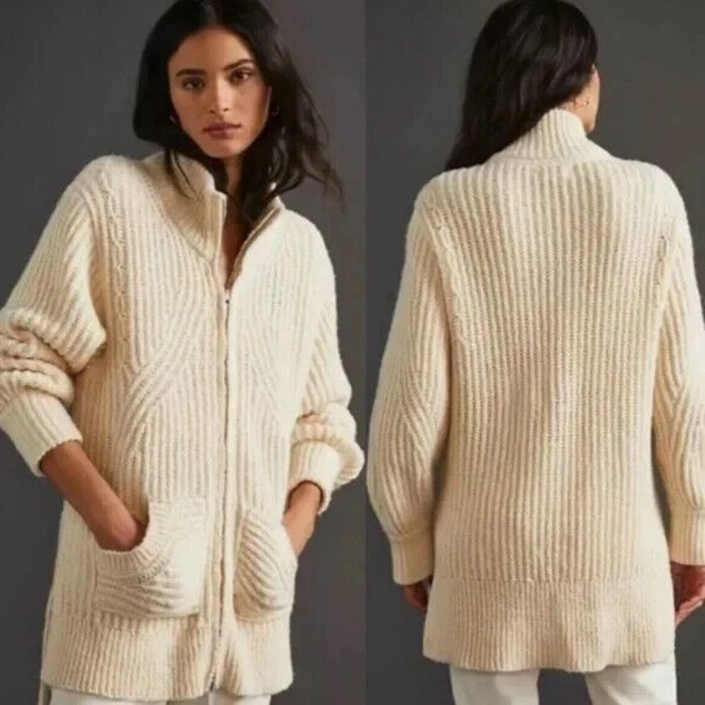 ANTHROPOLOGIE Pilcro Chunky Knit Zip Up Sweater Jacket Size Oversized Wool L